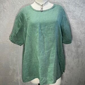 FLAX Jeanne Engelhart 100% Linen Tunic Top Womens M Green Boxy Short Sleeve